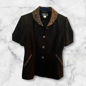 Vintage Li Na High Fashion Black Blouse with Brown Flower Details, Size Small